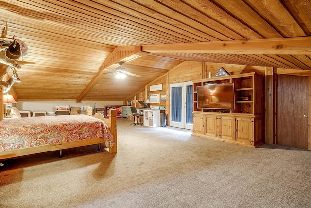 7203 Pump Station Rd, Jacksboro, TX 76458 - carpeted bedroom with wooden ceiling, lofted ceiling, and wood walls