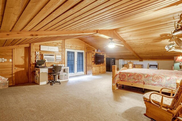 7203 Pump Station Rd, Jacksboro, TX 76458 - carpeted bedroom featuring an office area, lofted ceiling, french doors, wooden ceiling, and wooden walls