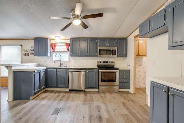 7203 Pump Station Rd, Jacksboro, TX 76458 - kitchen with appliances with stainless steel finishes, a peninsula, light wood-type flooring, ceiling fan, and a textured ceiling