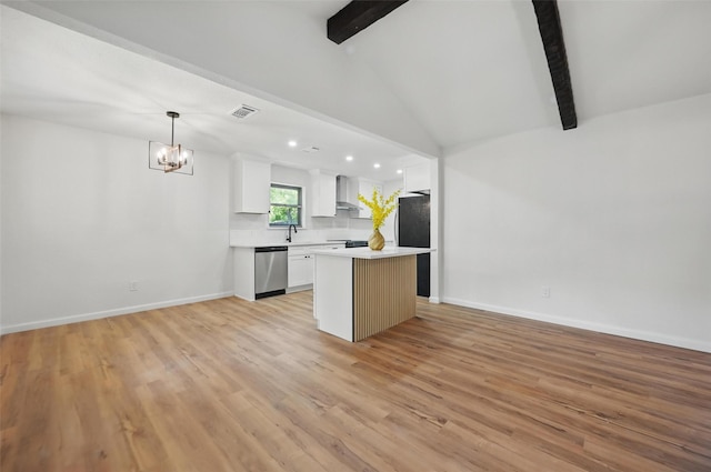 kitchen featuring stainless steel dishwasher, open floor plan, wall chimney range hood, and a kitchen island