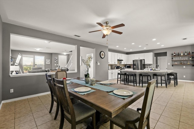 6521 Fitzgerald St, Fort Worth, TX 76179 - dining space featuring visible vents, baseboards, ceiling fan, and light tile patterned floors