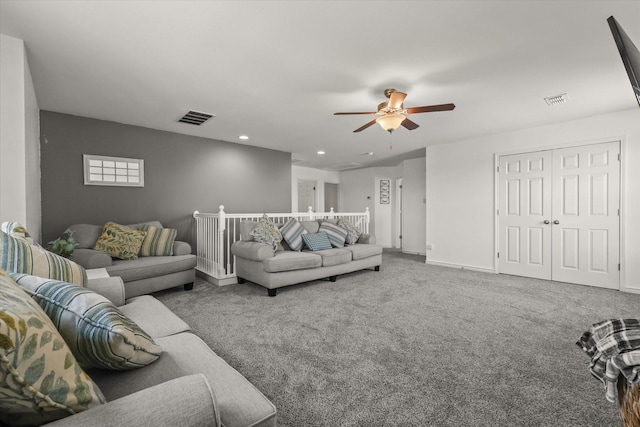 6521 Fitzgerald St, Fort Worth, TX 76179 - carpeted living room with baseboards, visible vents, recessed lighting, and ceiling fan