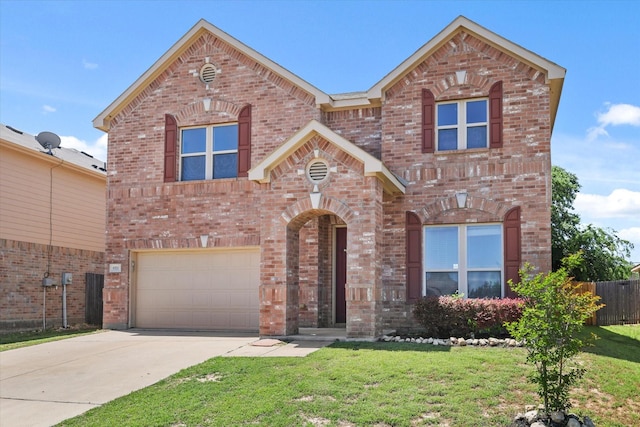 6521 Fitzgerald St, Fort Worth, TX 76179 - traditional-style house featuring a garage, driveway, fence, a front yard, and brick siding