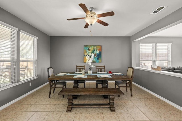 6521 Fitzgerald St, Fort Worth, TX 76179 - dining room featuring ceiling fan, baseboards, light tile patterned flooring, and visible vents