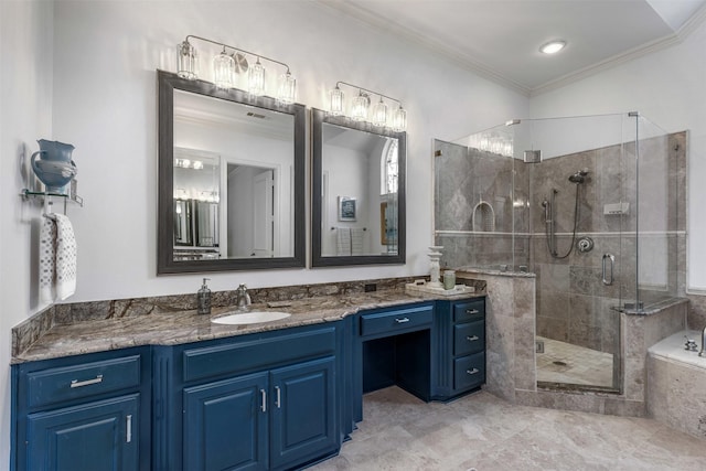 full bath with vanity, ornamental molding, a bath, and a stall shower