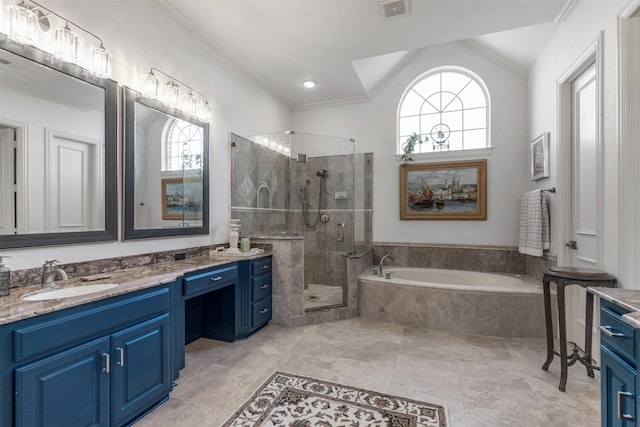 full bathroom featuring visible vents, a wealth of natural light, vaulted ceiling, and a shower stall