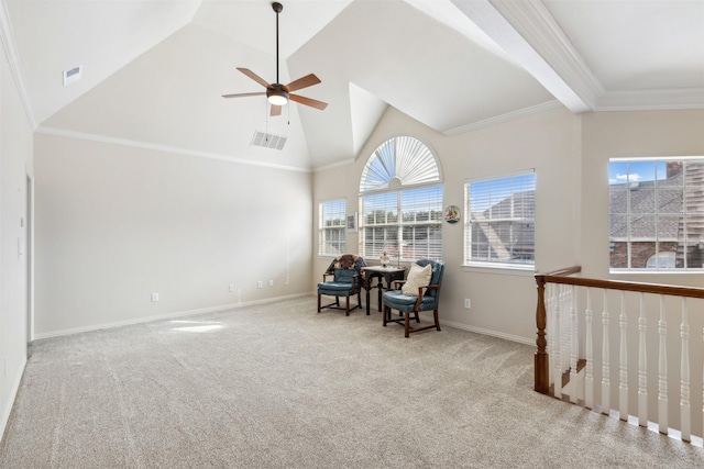 sitting room featuring ceiling fan, visible vents, high vaulted ceiling, baseboards, and carpet flooring