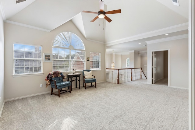 sitting room featuring a ceiling fan, visible vents, high vaulted ceiling, baseboards, and carpet