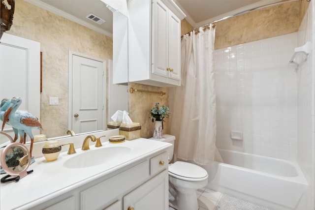 full bathroom featuring visible vents, tile patterned flooring, vanity, toilet, and shower / bathtub combination with curtain