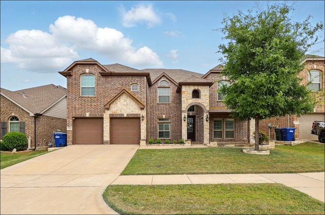 view of front of home with driveway, brick siding, a front yard, and a garage