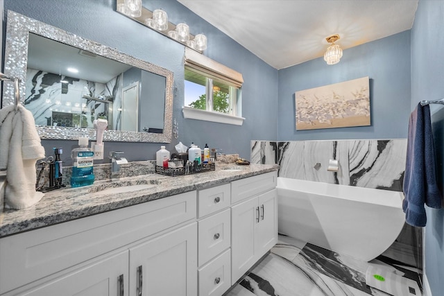 1410 Hummingbird Dr, Hillsboro, TX 76645 - full bath featuring a shower stall, a sink, double vanity, a freestanding tub, and marble finish floor