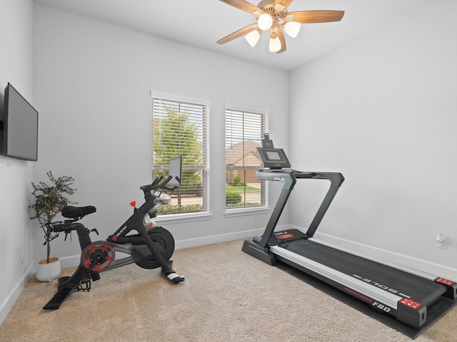 workout area featuring a ceiling fan, carpet, and baseboards