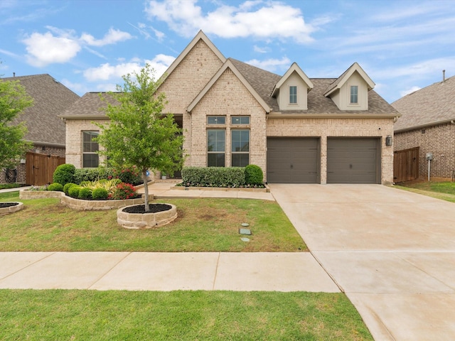 view of front of home featuring brick siding, fence, a front lawn, and driveway