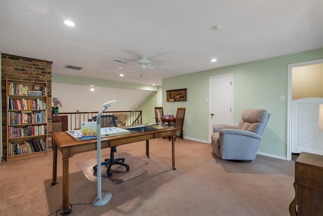 office with ceiling fan, visible vents, baseboards, carpet flooring, and recessed lighting