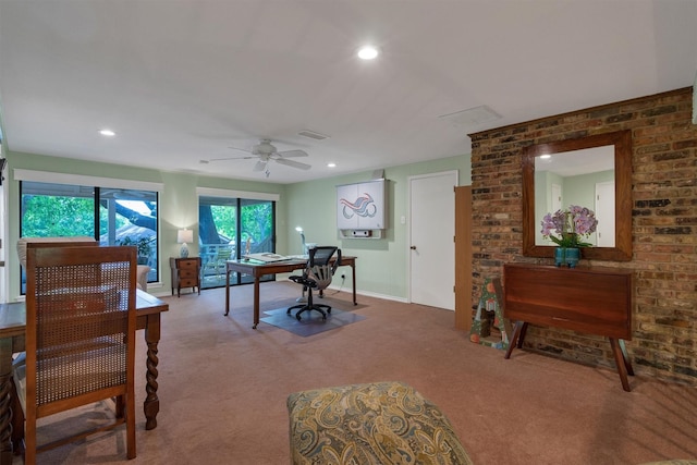 office space featuring carpet flooring, recessed lighting, ceiling fan, and baseboards