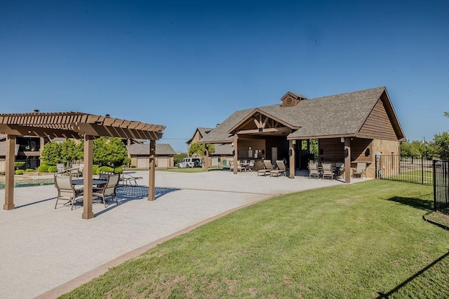 view of community with a pergola, a patio, a yard, a pool, and fence