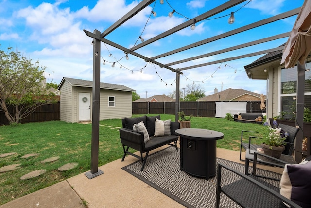 view of patio featuring an outdoor living space, a fenced backyard, a storage unit, an outbuilding, and a pergola