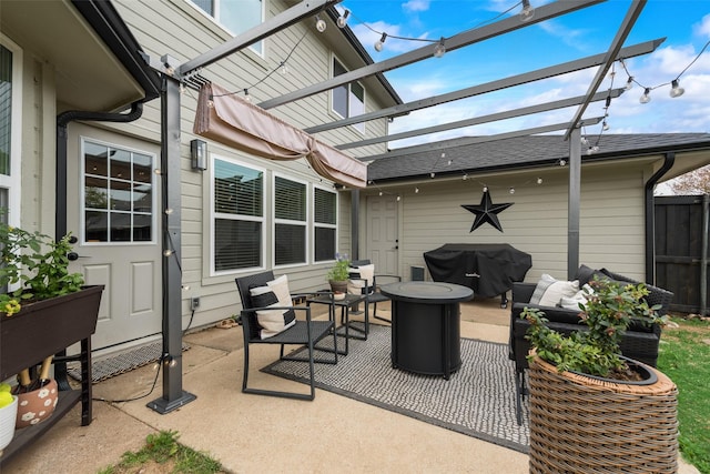 view of patio with outdoor lounge area, area for grilling, and a pergola
