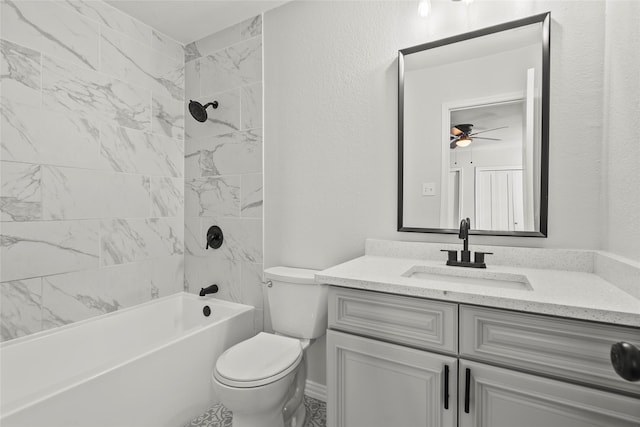 full bathroom with toilet,  shower combination, ceiling fan, and vanity
