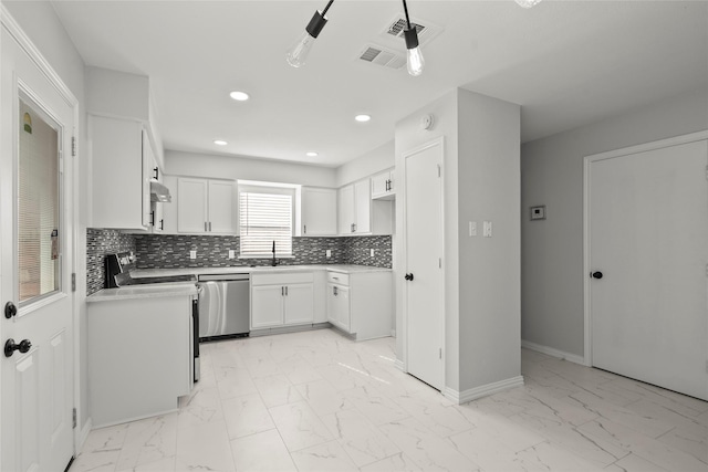 kitchen featuring a sink, baseboards, white cabinets, marble finish floor, and stainless steel appliances
