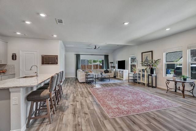 1409 Kirkdale Dr, Melissa, TX 75454 - living area featuring a ceiling fan, recessed lighting, light wood-style flooring, and visible vents