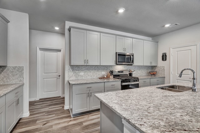 1409 Kirkdale Dr, Melissa, TX 75454 - kitchen with visible vents, tasteful backsplash, a sink, stainless steel appliances, and light wood-style flooring