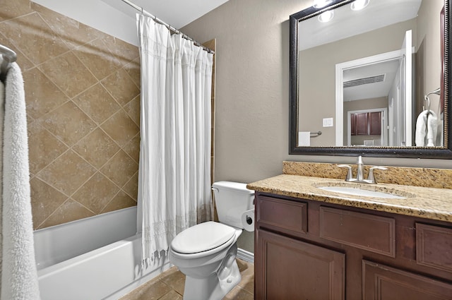 full bath with shower / bathtub combination with curtain, toilet, a textured wall, vanity, and visible vents