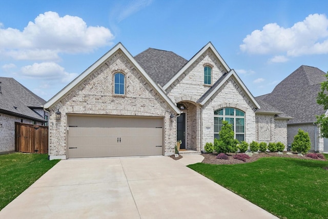 french country inspired facade featuring concrete driveway, a shingled roof, a front lawn, and stone siding
