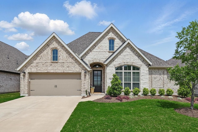french country inspired facade featuring concrete driveway, stone siding, a shingled roof, an attached garage, and a front lawn