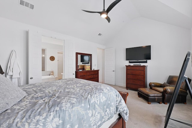 bedroom featuring visible vents, ceiling fan, carpet flooring, and high vaulted ceiling