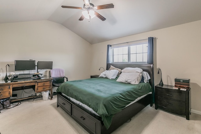 bedroom featuring light carpet, ceiling fan, and vaulted ceiling