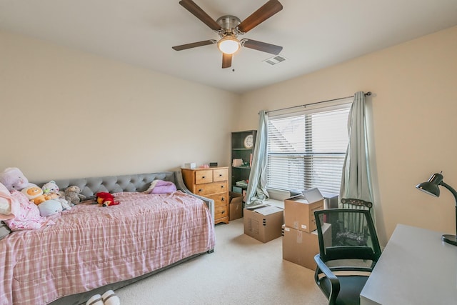 bedroom featuring carpet, visible vents, and ceiling fan