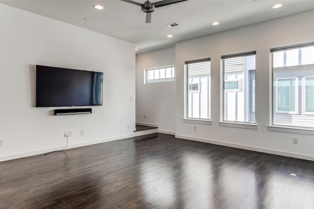 unfurnished living room with dark wood-style flooring, ceiling fan, recessed lighting, and visible vents