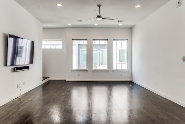 unfurnished living room with dark wood-style floors, recessed lighting, a ceiling fan, and visible vents