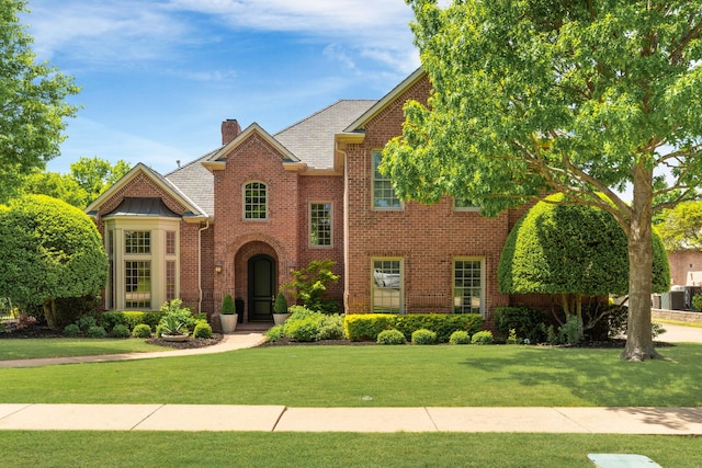 traditional-style home with brick siding, a front yard, and a chimney