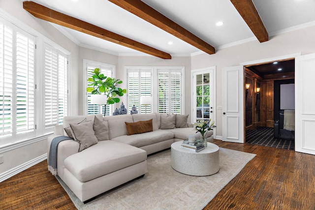 living area with beamed ceiling, dark wood-type flooring, and plenty of natural light