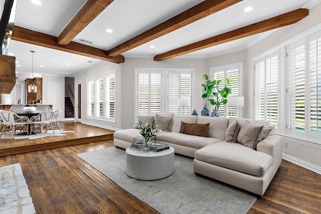 living room featuring beamed ceiling, dark wood-style floors, recessed lighting, and visible vents