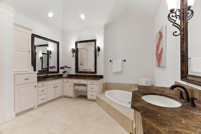 bathroom with a garden tub, lofted ceiling, crown molding, and a sink