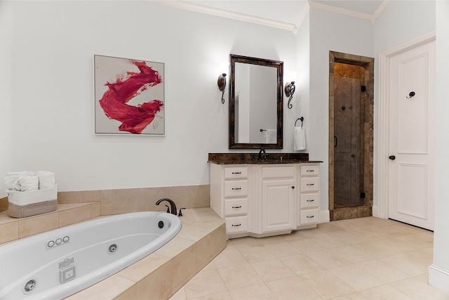 bathroom with crown molding, a shower stall, a tub with jets, and vanity