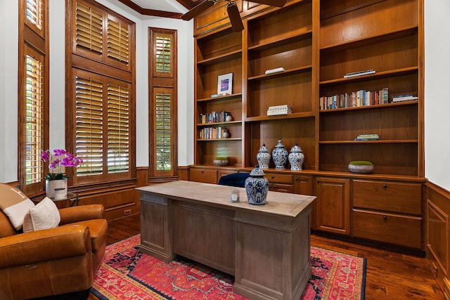 office with a wainscoted wall, built in features, and dark wood finished floors