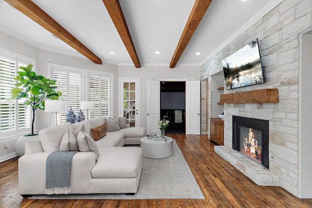 living area with dark wood finished floors, a healthy amount of sunlight, and a fireplace