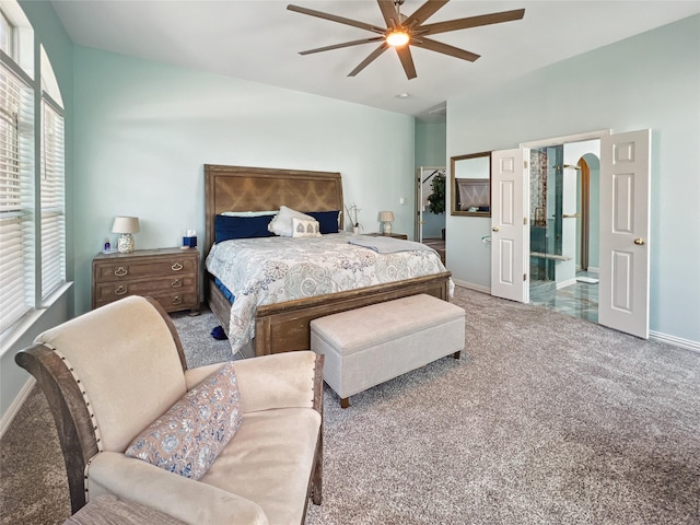 carpeted bedroom featuring ceiling fan and baseboards