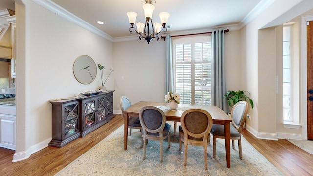 139 Townlake Dr, Prosper, TX 75078 - dining space featuring a chandelier, light wood finished floors, baseboards, ornamental molding, and recessed lighting