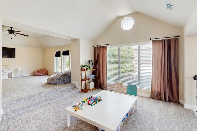 139 Townlake Dr, Prosper, TX 75078 - playroom featuring vaulted ceiling, light colored carpet, ceiling fan, and baseboards