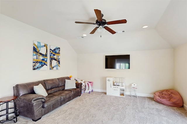 139 Townlake Dr, Prosper, TX 75078 - living area featuring vaulted ceiling, ceiling fan, baseboards, carpet flooring, and recessed lighting