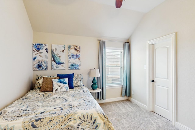 139 Townlake Dr, Prosper, TX 75078 - bedroom featuring light carpet, vaulted ceiling, baseboards, and ceiling fan