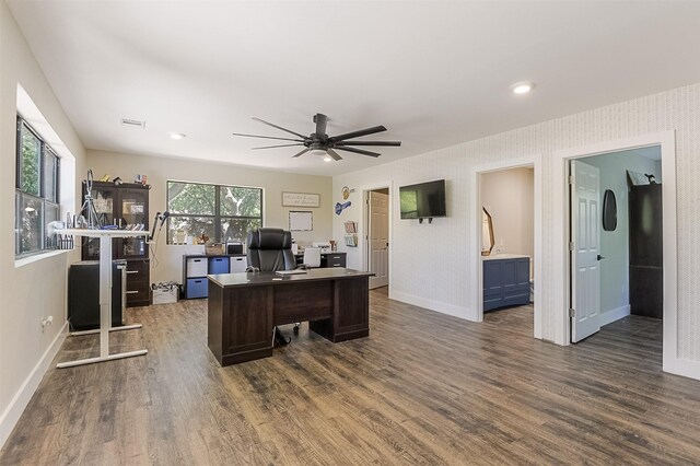 office featuring baseboards, recessed lighting, ceiling fan, and dark wood-style floors