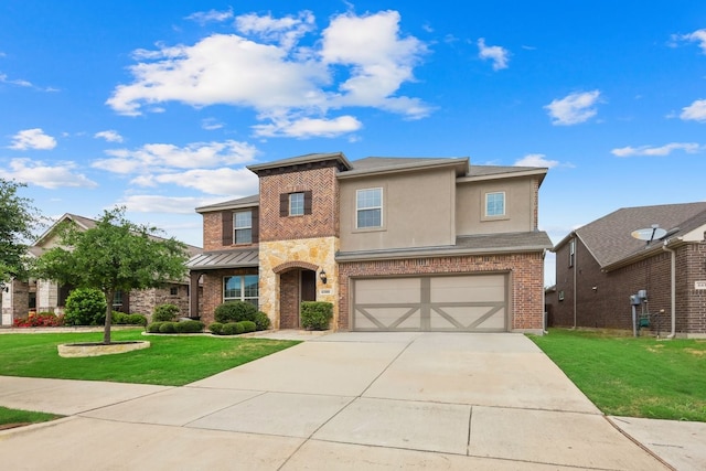 view of front facade featuring stucco siding, concrete driveway, a front yard, and an attached garage