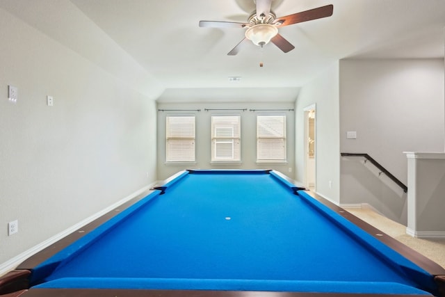 playroom with billiards, a ceiling fan, and baseboards