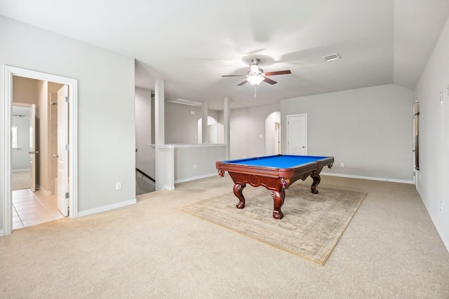 rec room with arched walkways, pool table, light carpet, visible vents, and a ceiling fan